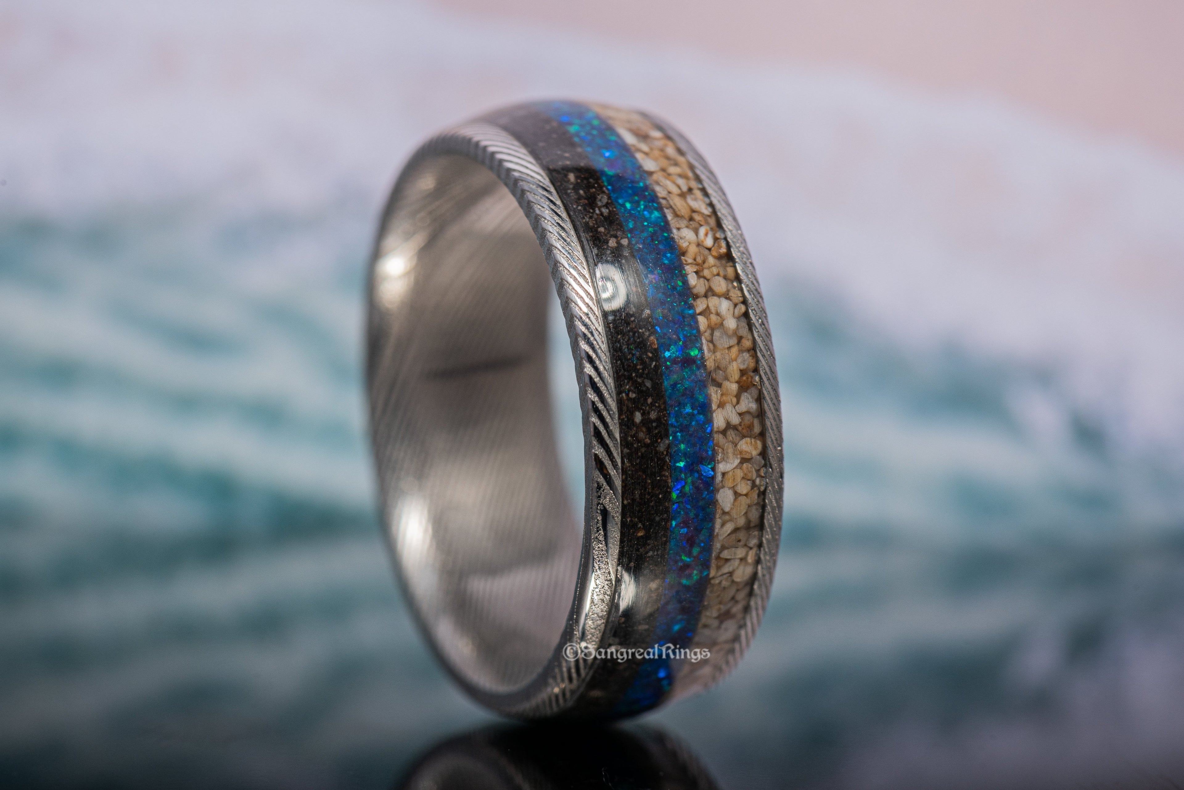 Split Inlay Sand Ring - Damascus Steel Core
