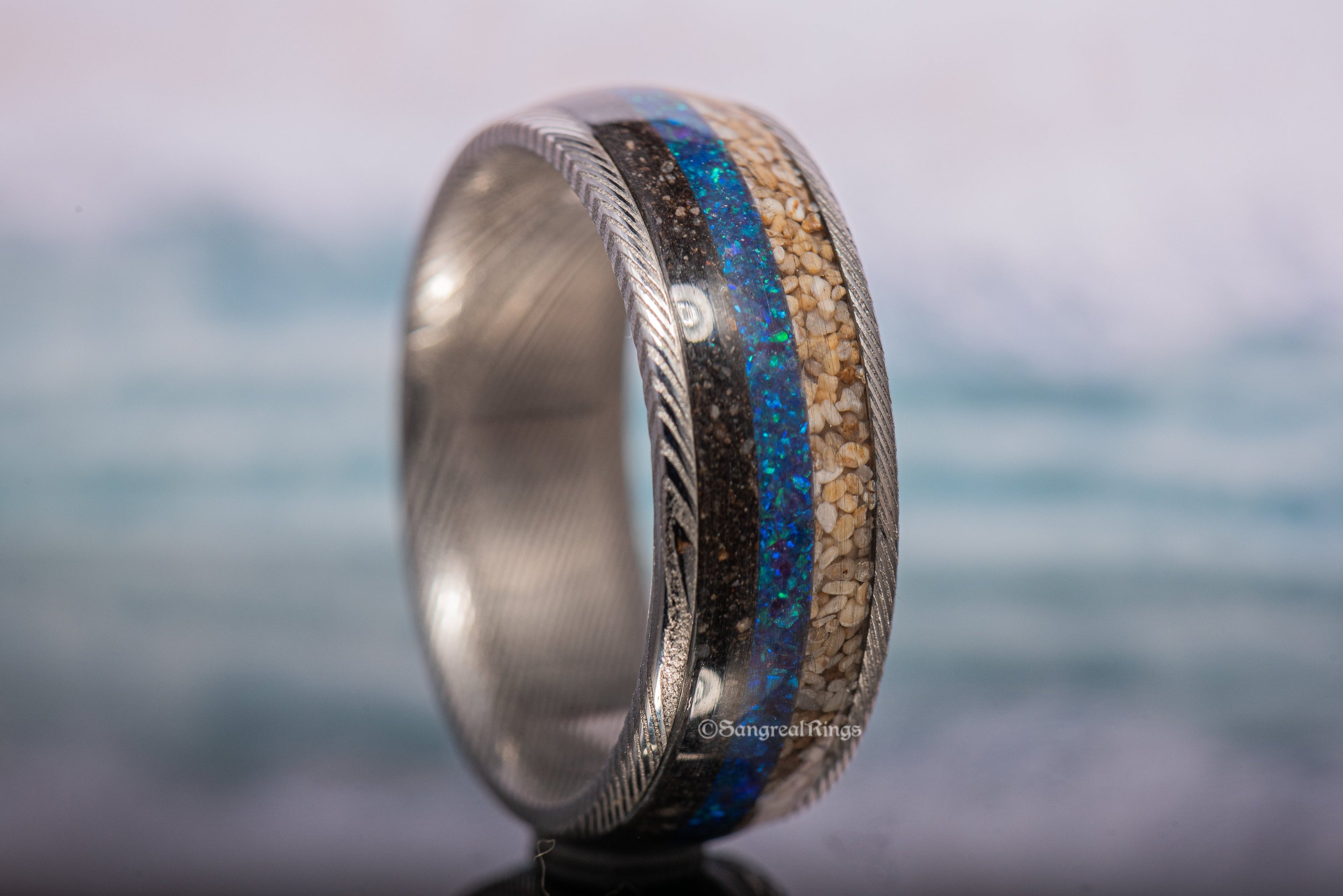 Split Inlay Sand Ring - Damascus Steel Core