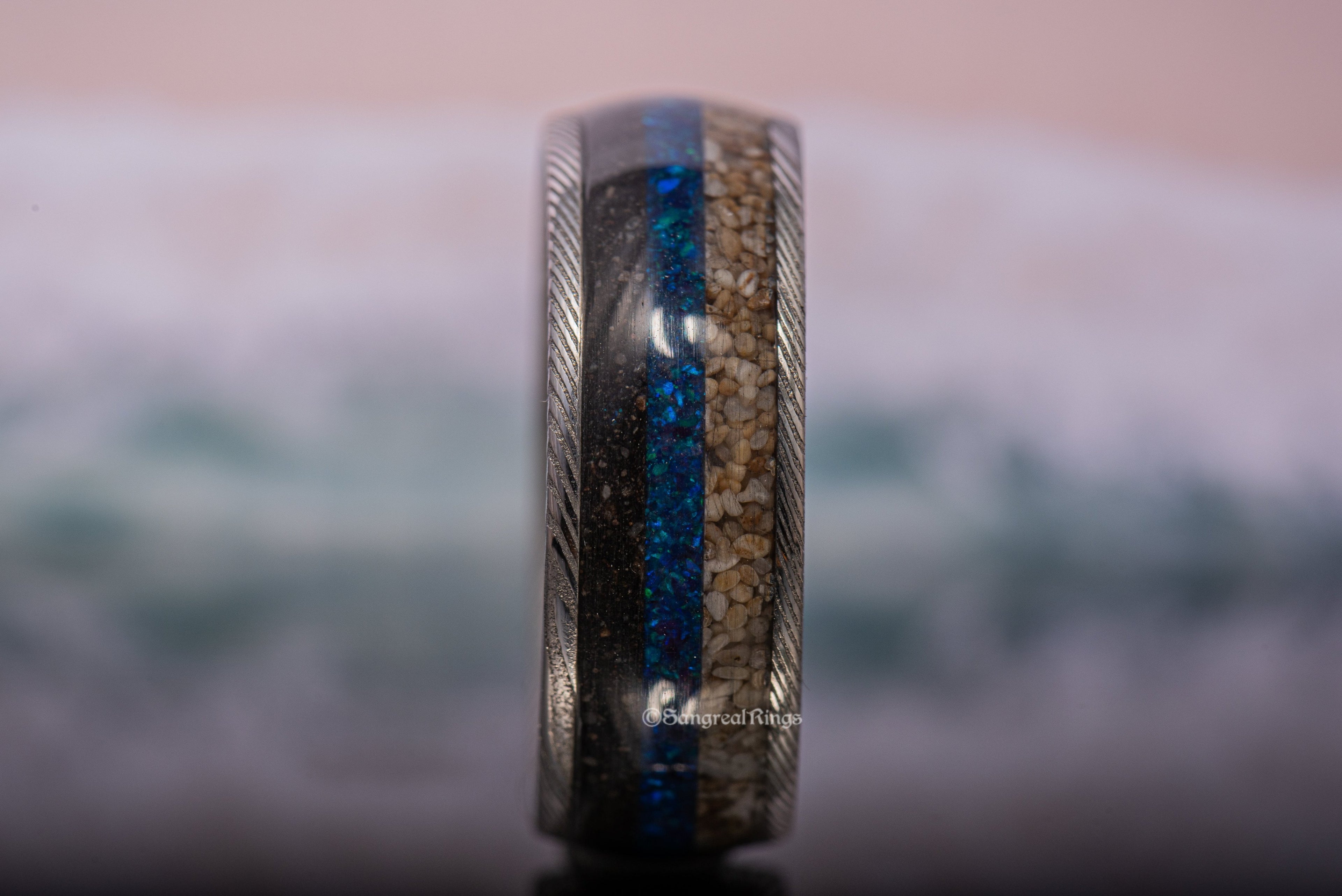 Split Inlay Sand Ring - Damascus Steel Core