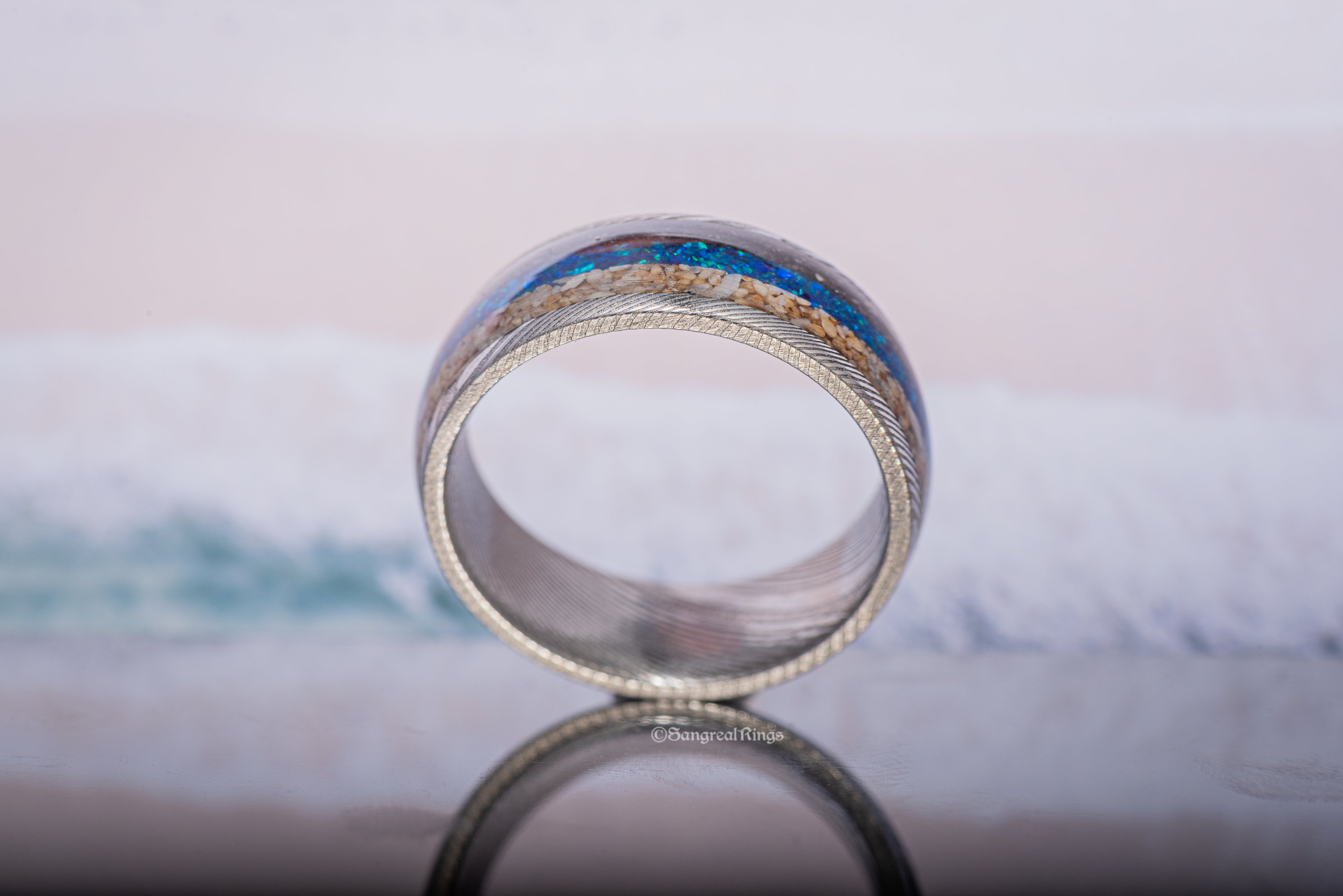 Split Inlay Sand Ring - Damascus Steel Core