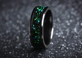 Sangreal Rings onyx and green opal ring black band with shimmering green opal inlay and polished edges