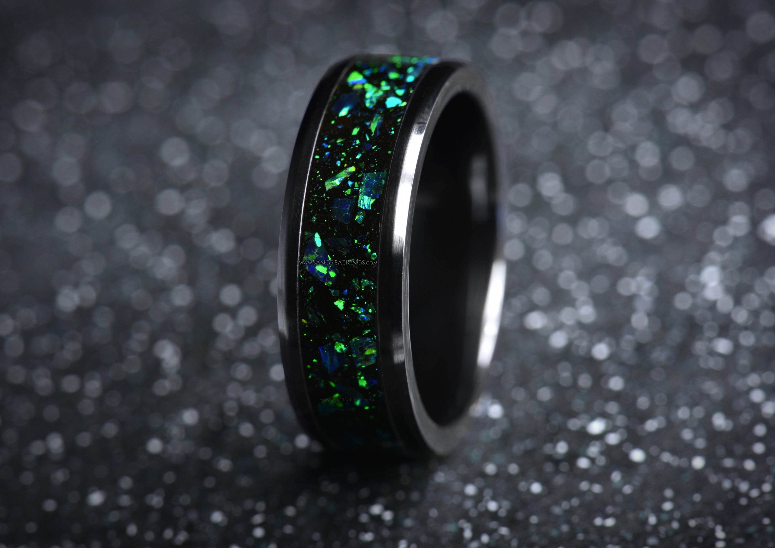 Sangreal Rings onyx and green opal ring black band with shimmering green opal inlay and polished edges