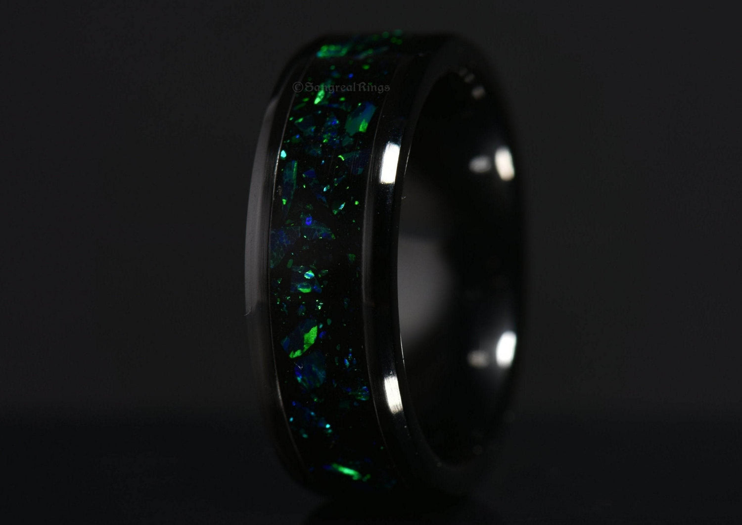 Sangreal Rings onyx and green opal ring with polished black onyx band and iridescent green blue opal inlay