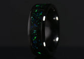 Sangreal Rings onyx and green opal ring with polished black onyx band and iridescent green blue opal inlay
