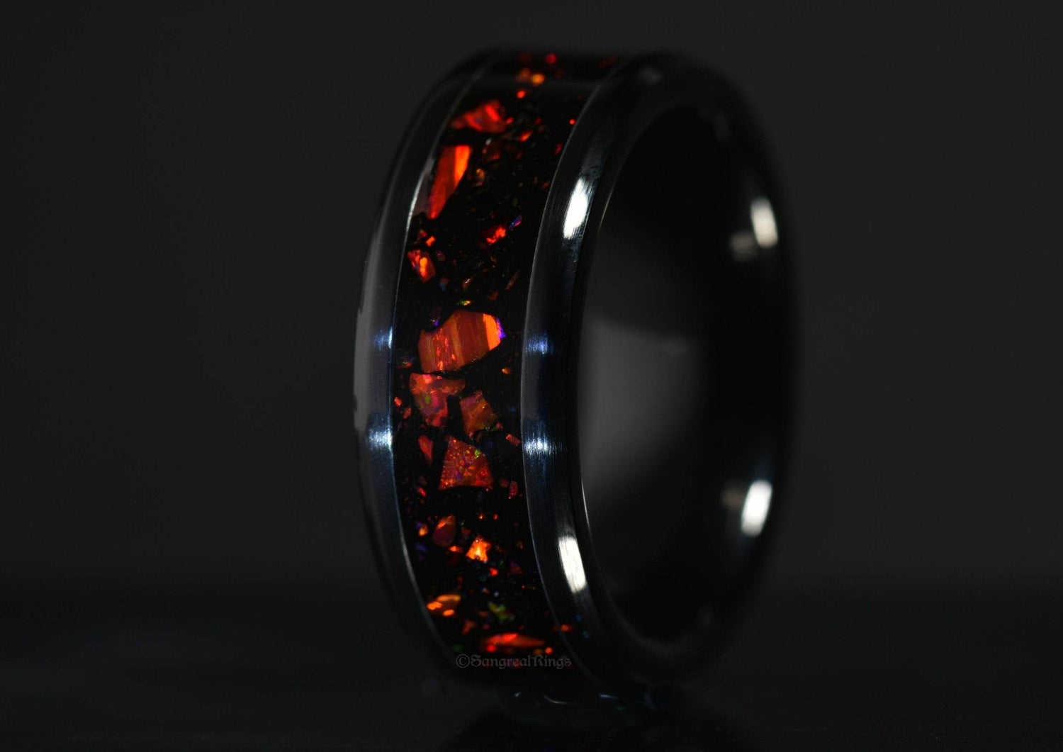 Sangreal Rings onyx and red opal ring with glossy black band and fiery red opal inlay