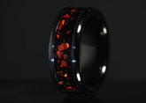 Sangreal Rings onyx and red opal ring with glossy black band and fiery red opal inlay