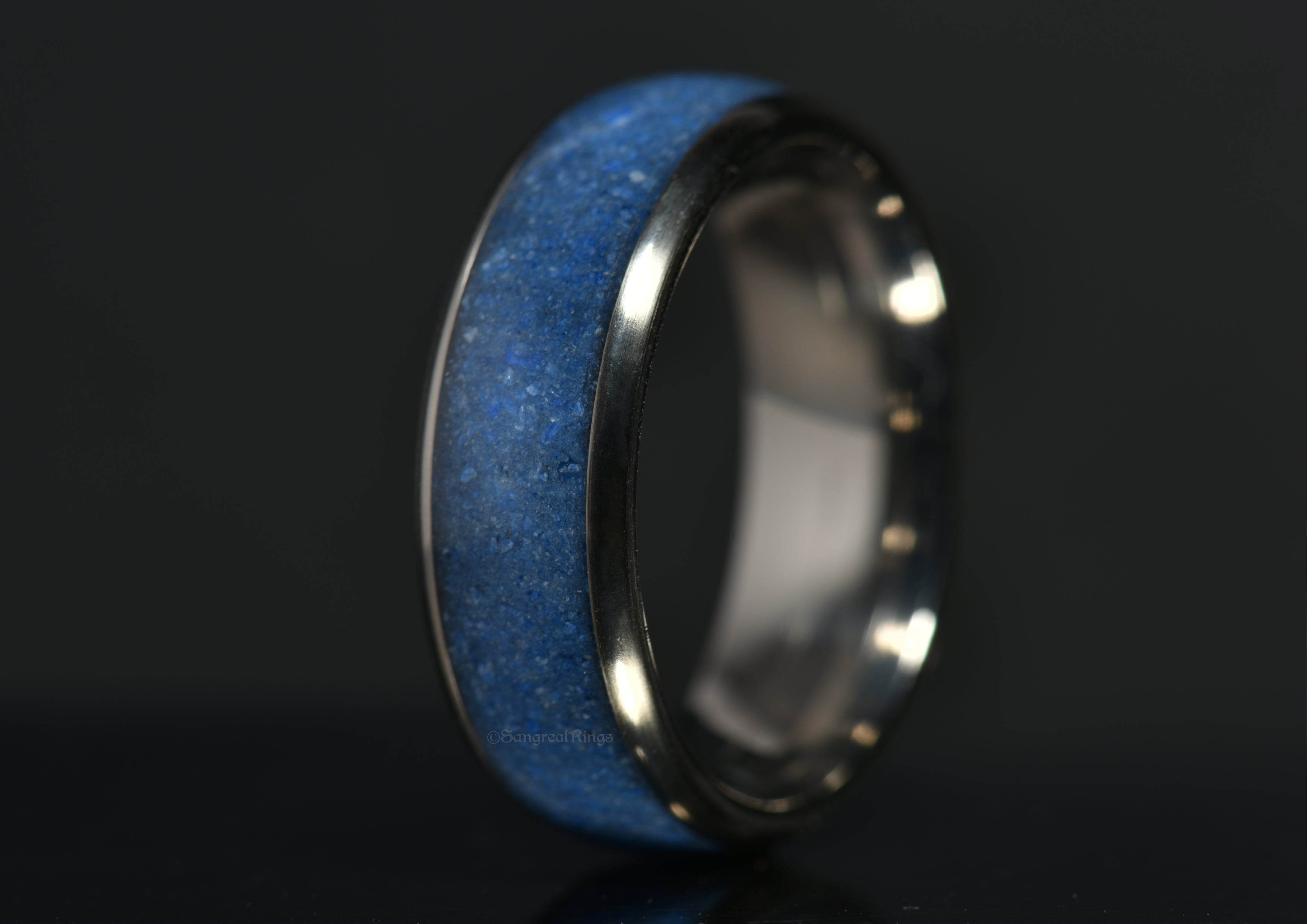 Azurite crystal titanium ring with vibrant blue stone set in polished metal band by Sangreal Rings