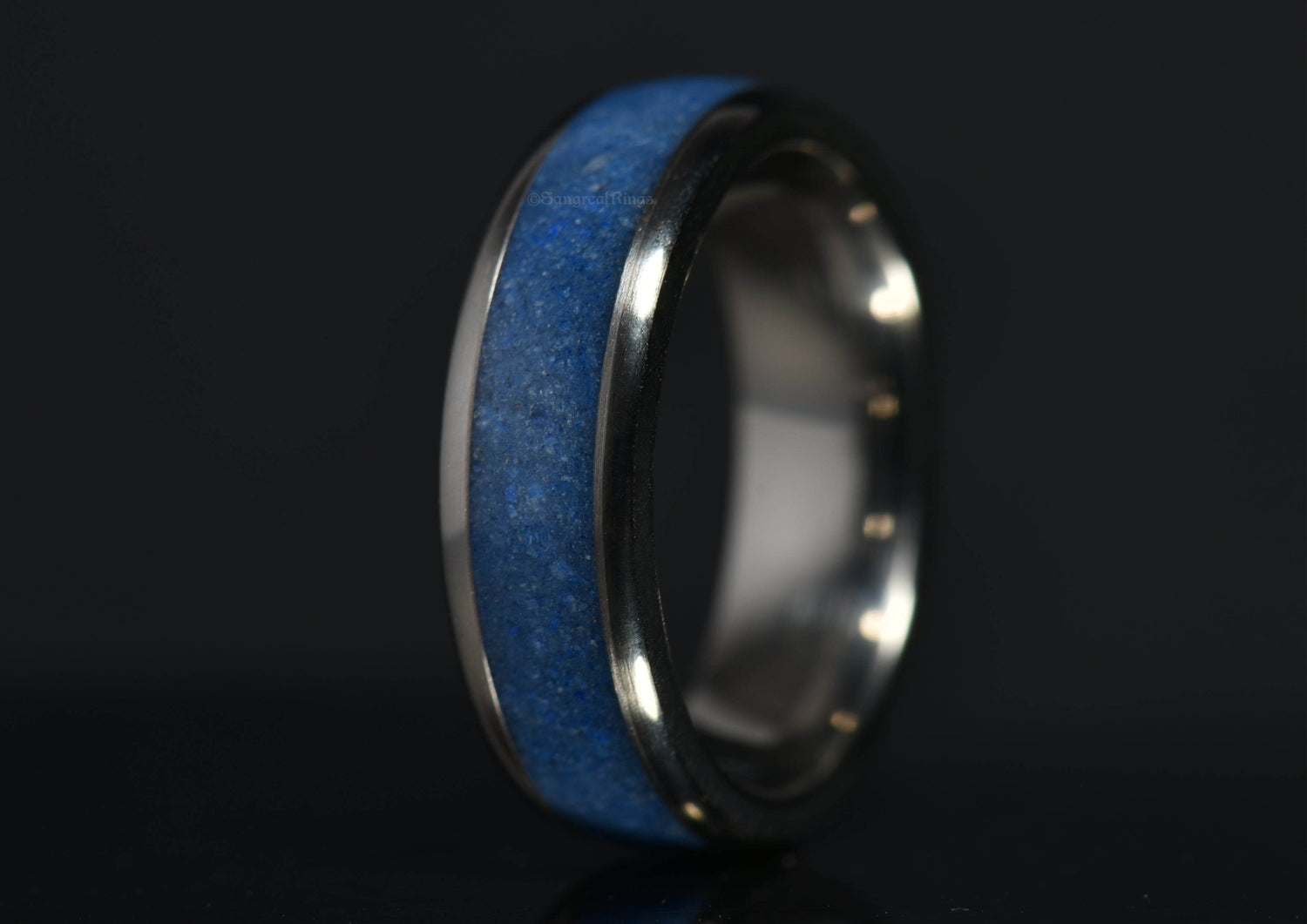 Azurite crystal titanium ring with vibrant blue stone band and polished silver edges by Sangreal Rings