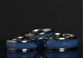 Azurite crystal titanium ring set featuring deep blue azurite inlaid in polished titanium bands