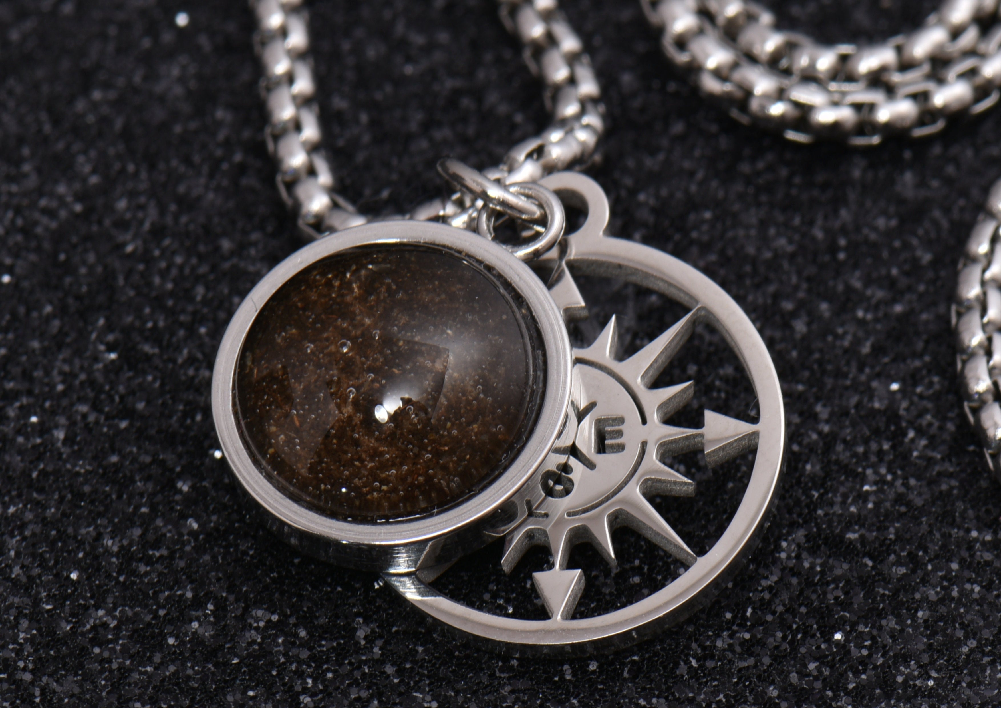 Sangreal Rings sand pendant necklace keepsake with glass dome filled with sand and compass disc charm on silver chain