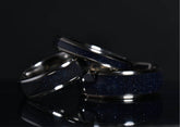Blue sandstone titanium ring set with shimmering dark blue crystal inlays by Sangreal Rings