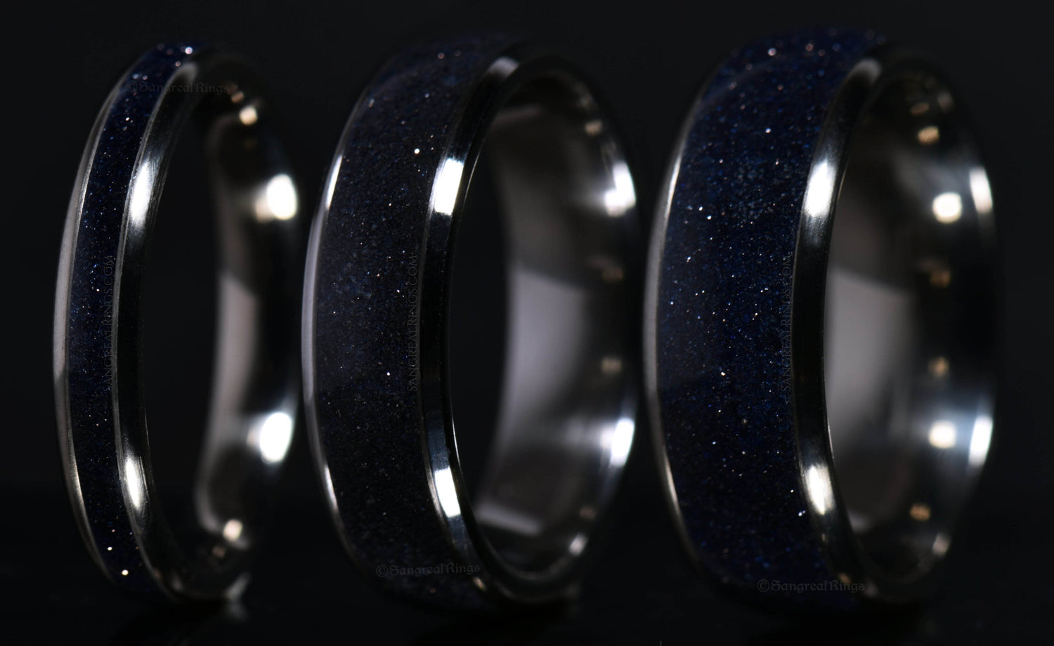 Blue sandstone titanium ring by Sangreal Rings with sparkling crystal design and polished finish