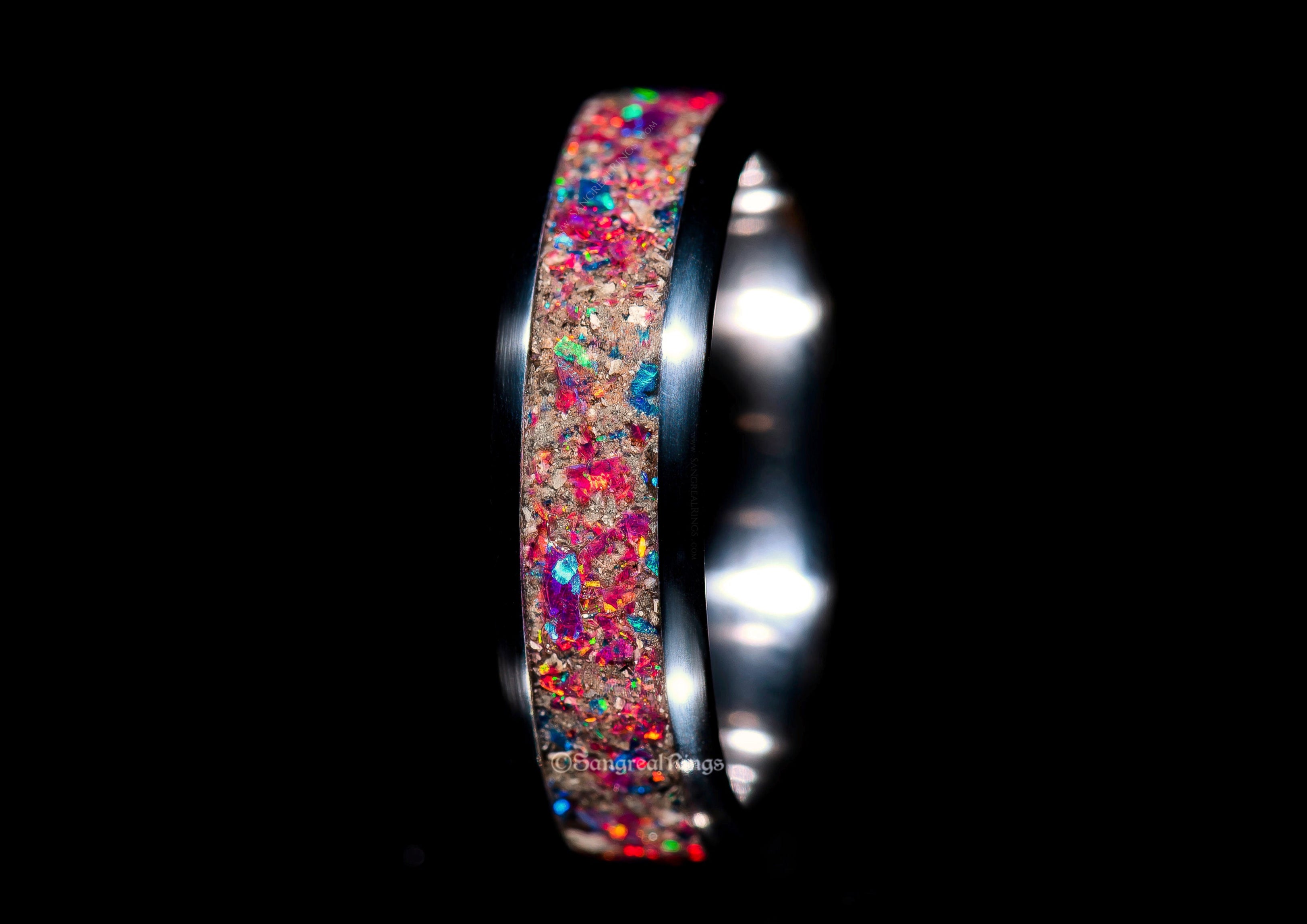 Custom Titanium Keepsake Memorial Ashes Ring by SangrealRings with Multicolored pink glittery opal and Cremation Ashes.