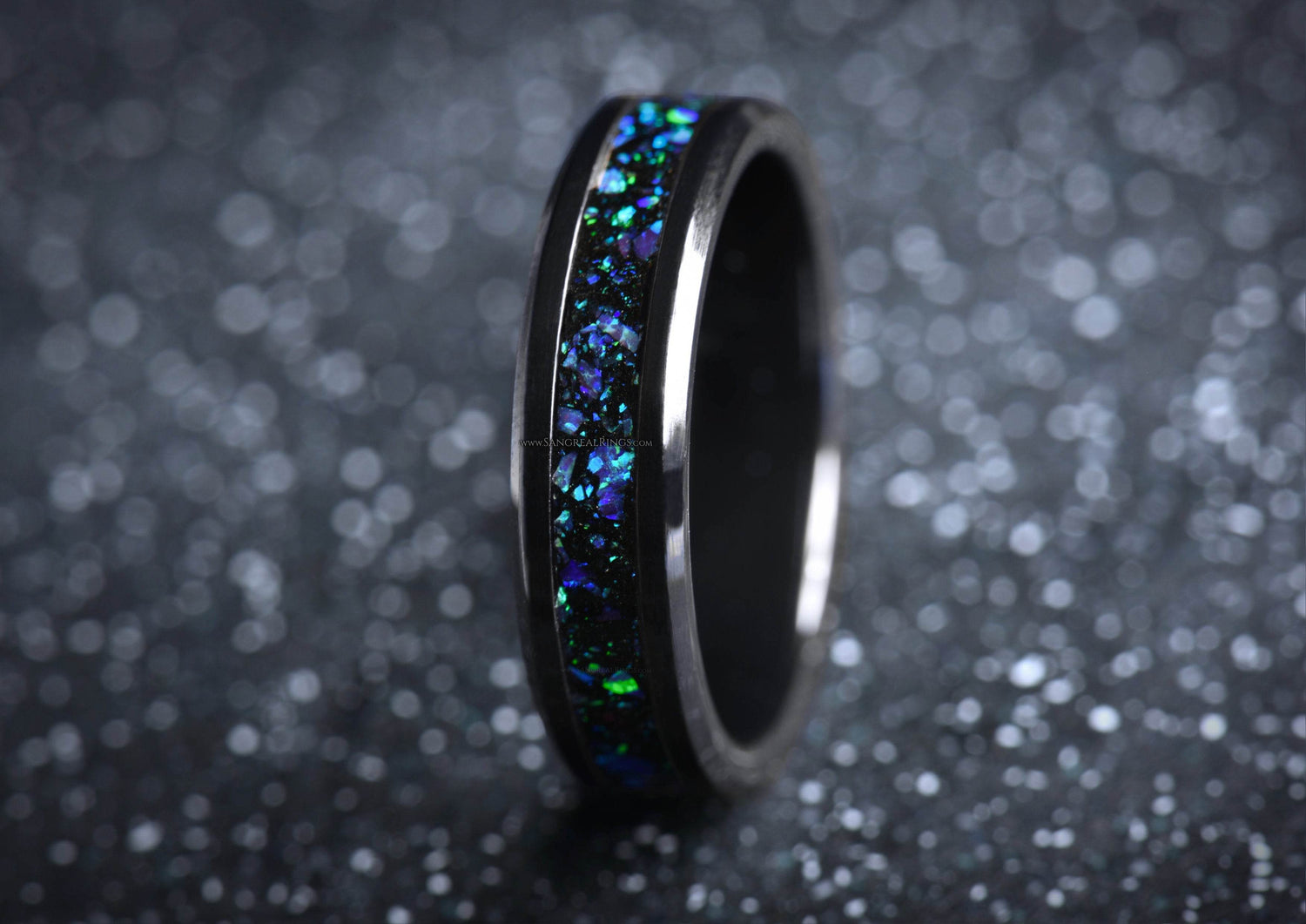 Sangreal Rings onyx and purple opal ring polished black onyx band with iridescent blue green opal inlay