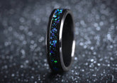 Sangreal Rings onyx and purple opal ring polished black onyx band with iridescent blue green opal inlay