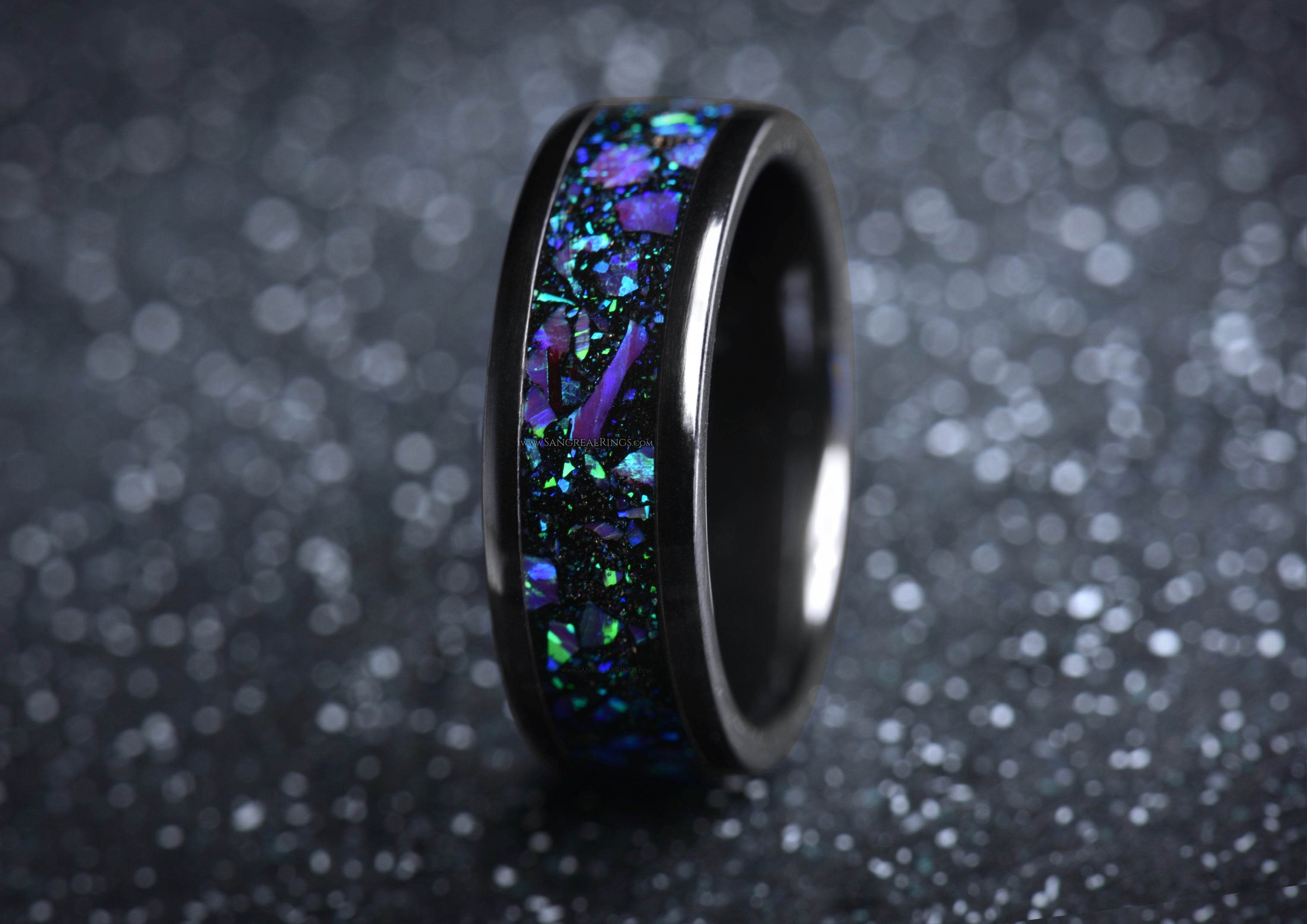 Sangreal Rings onyx and purple opal ring with iridescent green and purple inlay on black band