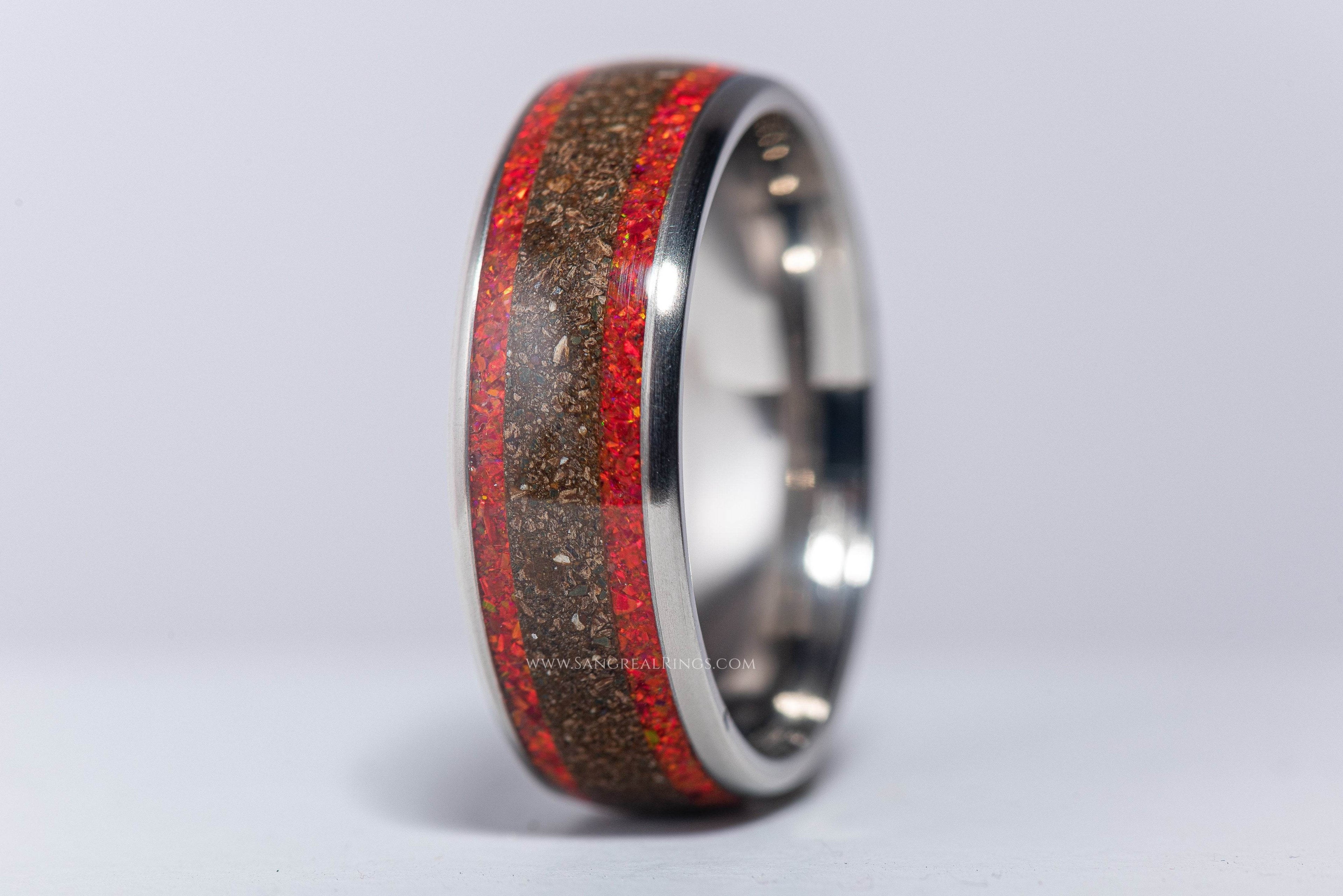 Sleek silver opal and dinosaur bone ring with red and brown inlay by Sangrealrings