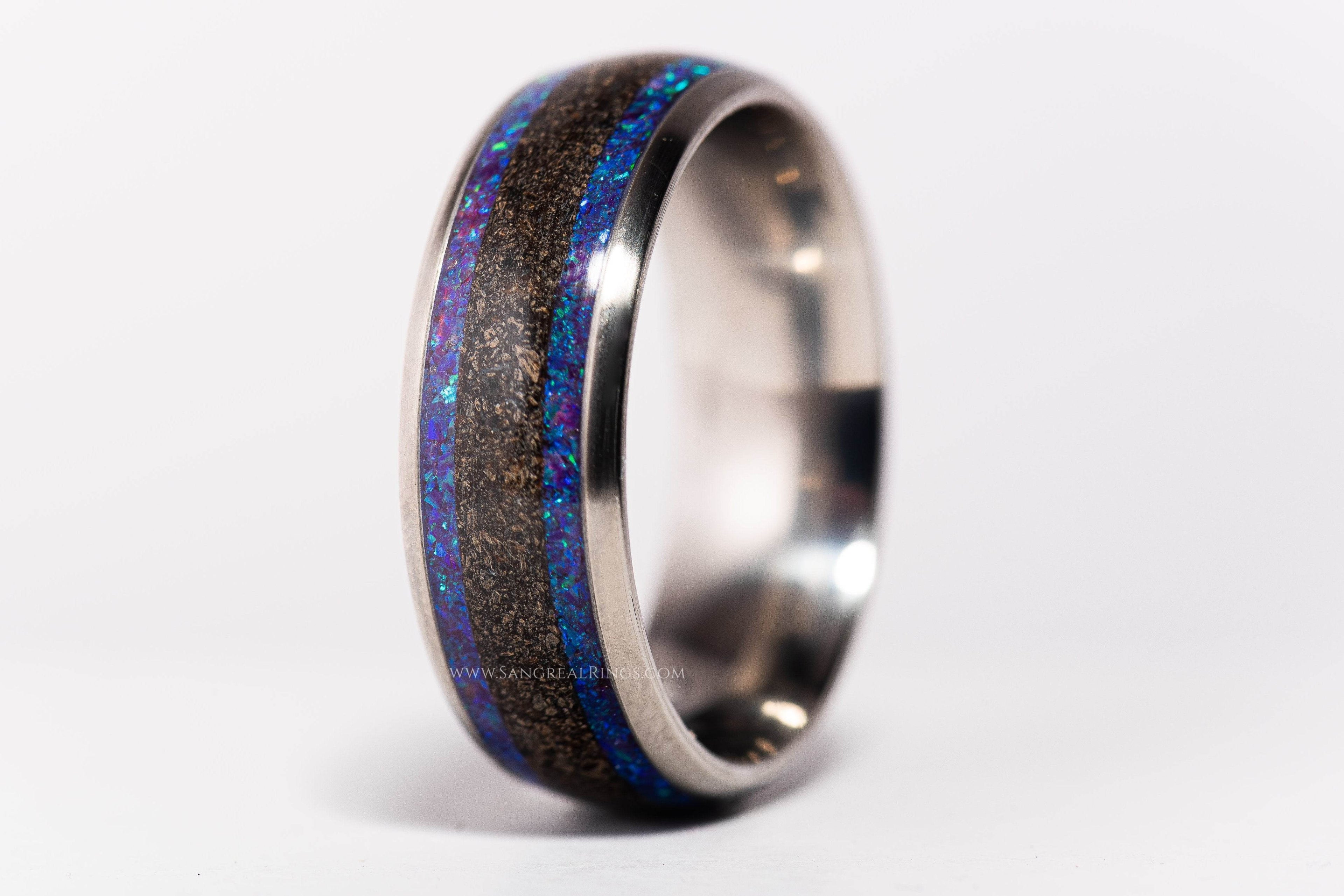 Sleek opal and megalodon tooth ring with blue opal inlay and fossilized megalodon tooth strip
