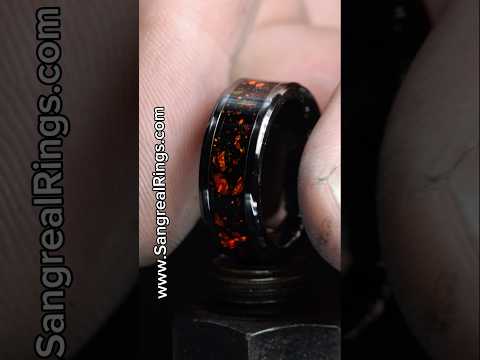 SangrealRings Black Onyx and Red Opal Inlay Ring in a Black Ceramic Ring Core, 8mm wide ring band, making process shown in a video