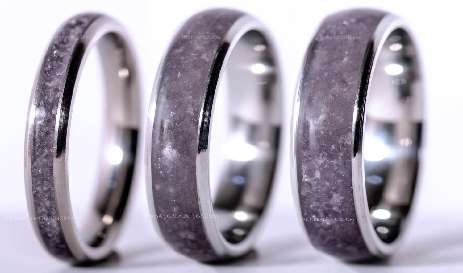 Sangreal Rings amethyst titanium ring with polished silver edges and purple crystal inlay