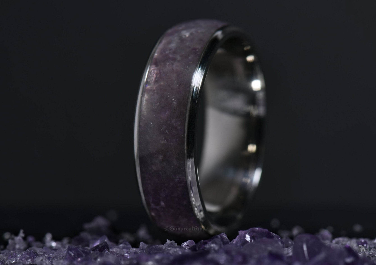 Sangreal Rings amethyst titanium ring with polished silver band set on purple crystal bed