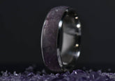Sangreal Rings amethyst titanium ring with polished silver band set on purple crystal bed