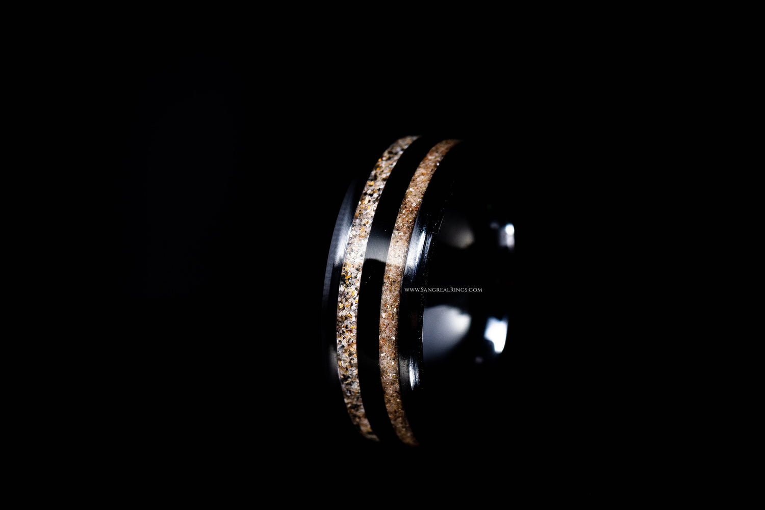Sangreal Rings black ceramic sand ring with dual sand texture bands on black background