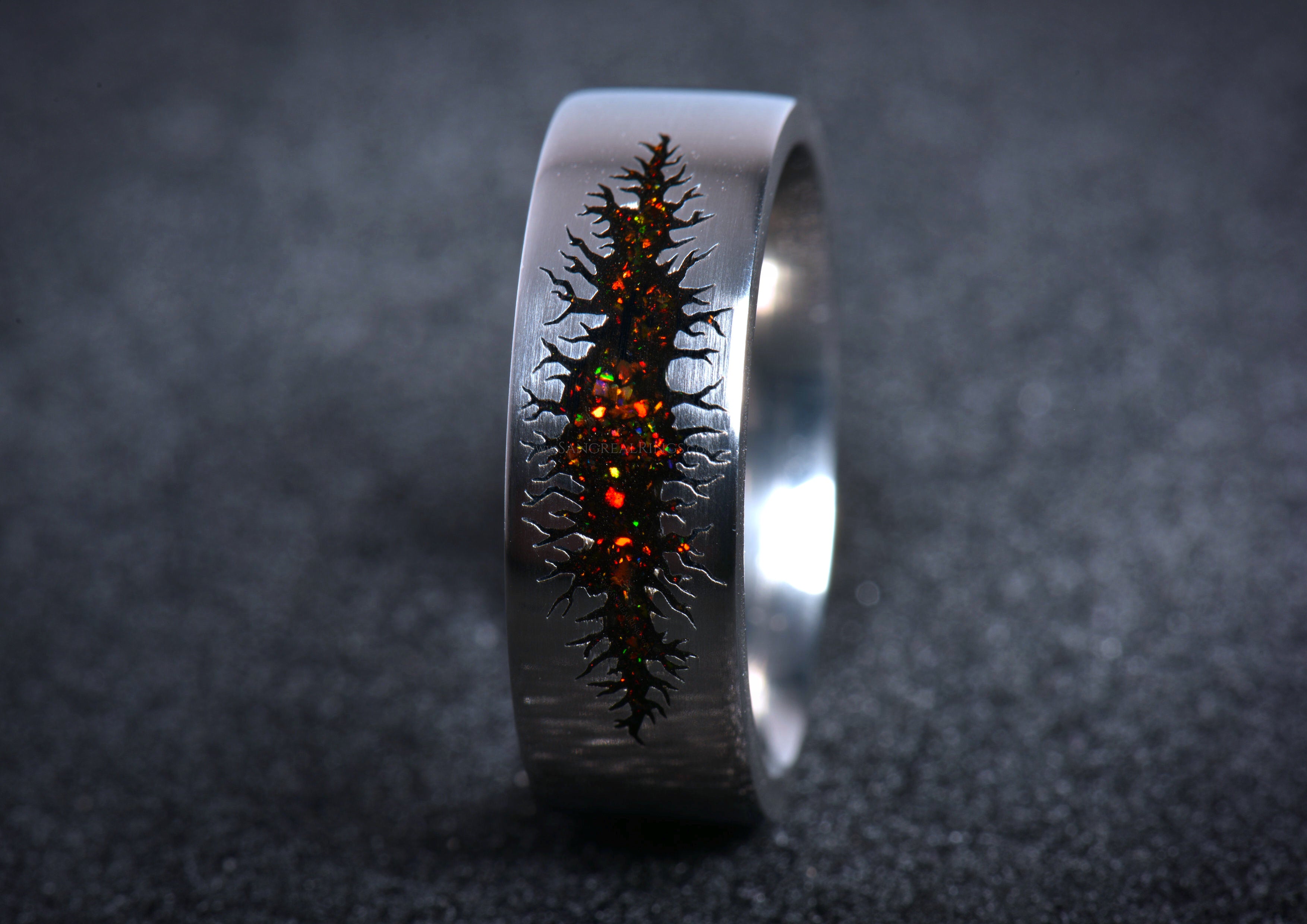 Unique alternative mens galaxy ring band with fiery orange and red inlay COSMIC SCAR design in Titanium