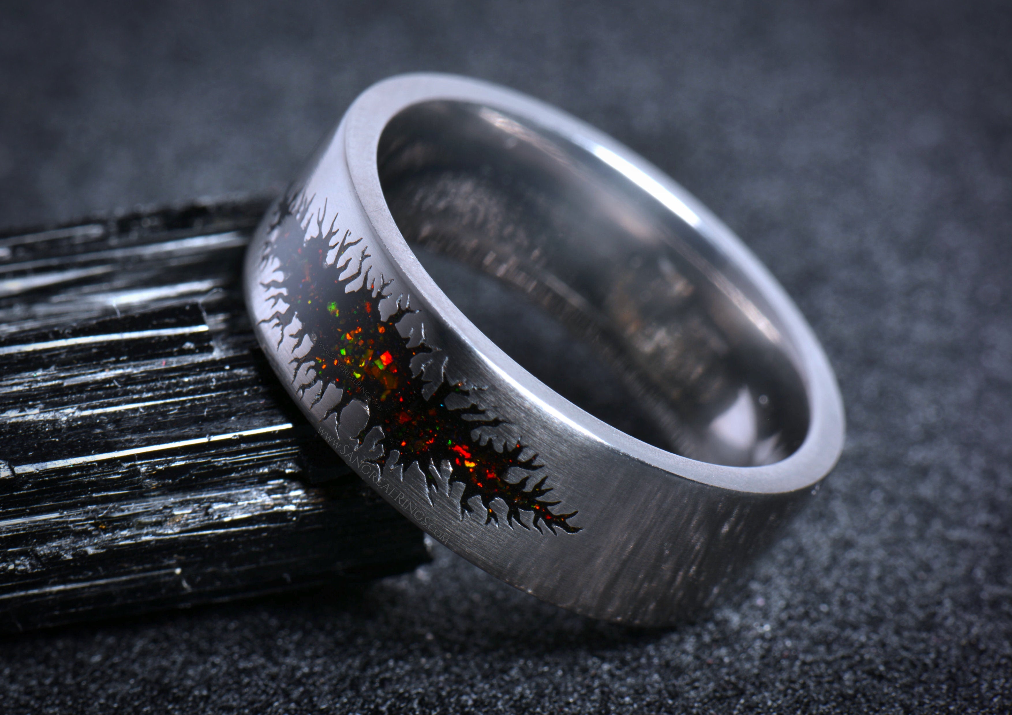 Unique alternative mens galaxy ring band with black and red galaxy COSMIC SCAR design by Sangreal Rings