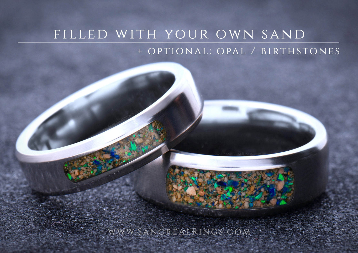 Custom titanium wedding band set filled with your own sand and optional opal or birthstones