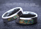 Custom titanium wedding band set filled with your own sand and optional opal or birthstones
