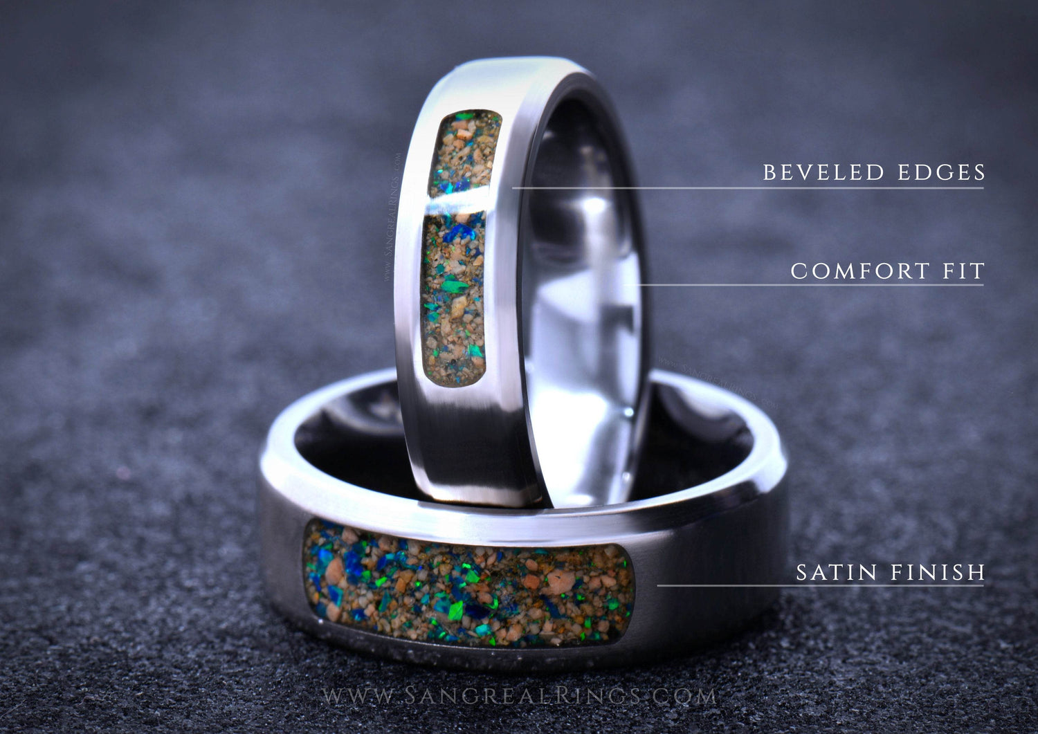 Custom titanium wedding band with beveled edges and satin finish featuring a colorful inlay for comfort fit