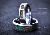 Custom titanium wedding band with beveled edges and satin finish featuring a colorful inlay for comfort fit