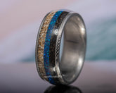 Sangreal Rings Damascus steel sand ring with blue opal and natural sand inlay polished interior
