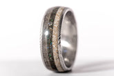 Sangreal Rings Damascus steel sand ring with glitter and natural sand inlays and twisted edge detail