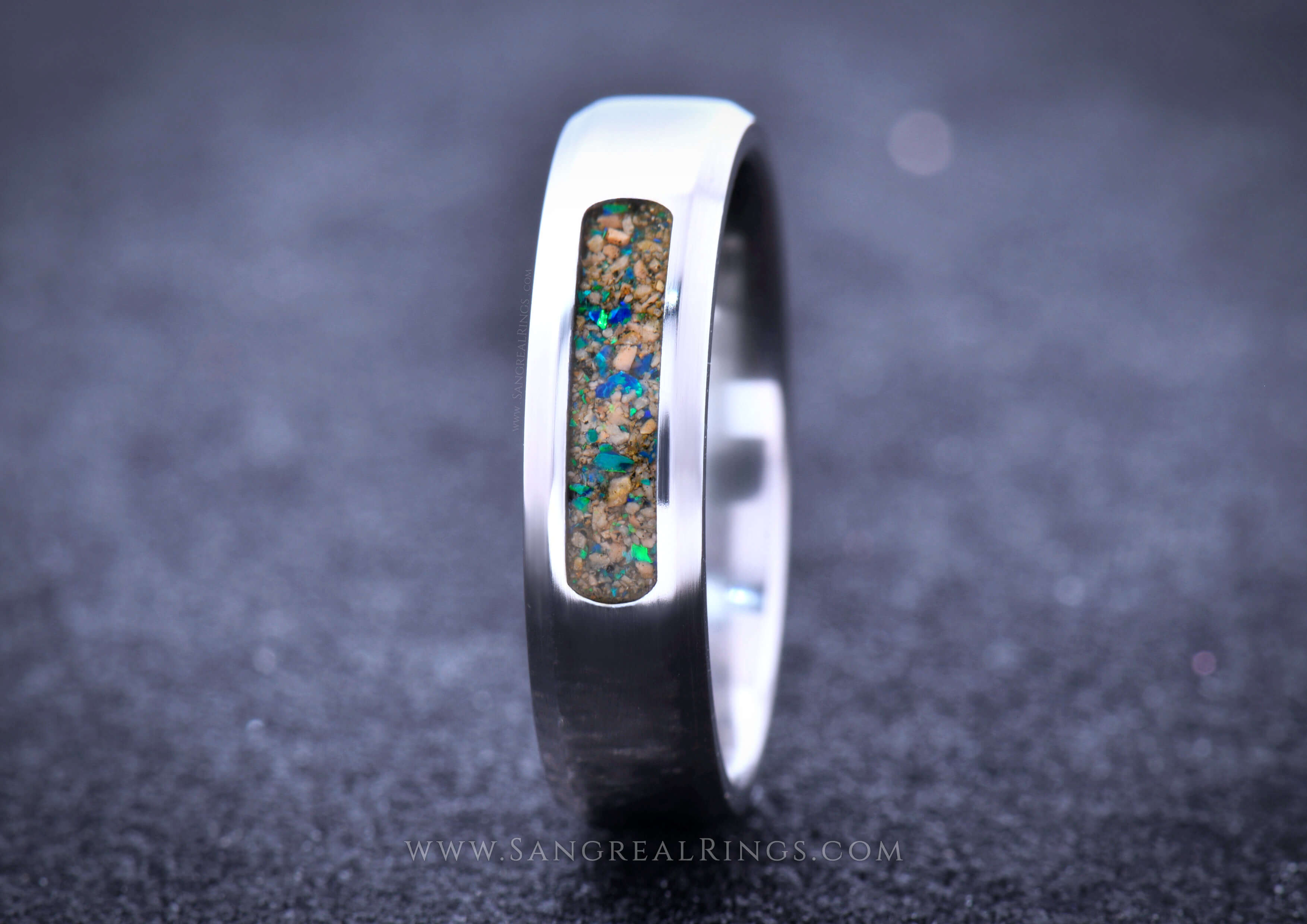 Sangreal Rings silver band with blue green opal and gold sand crushed stone inlay modern wedding ring