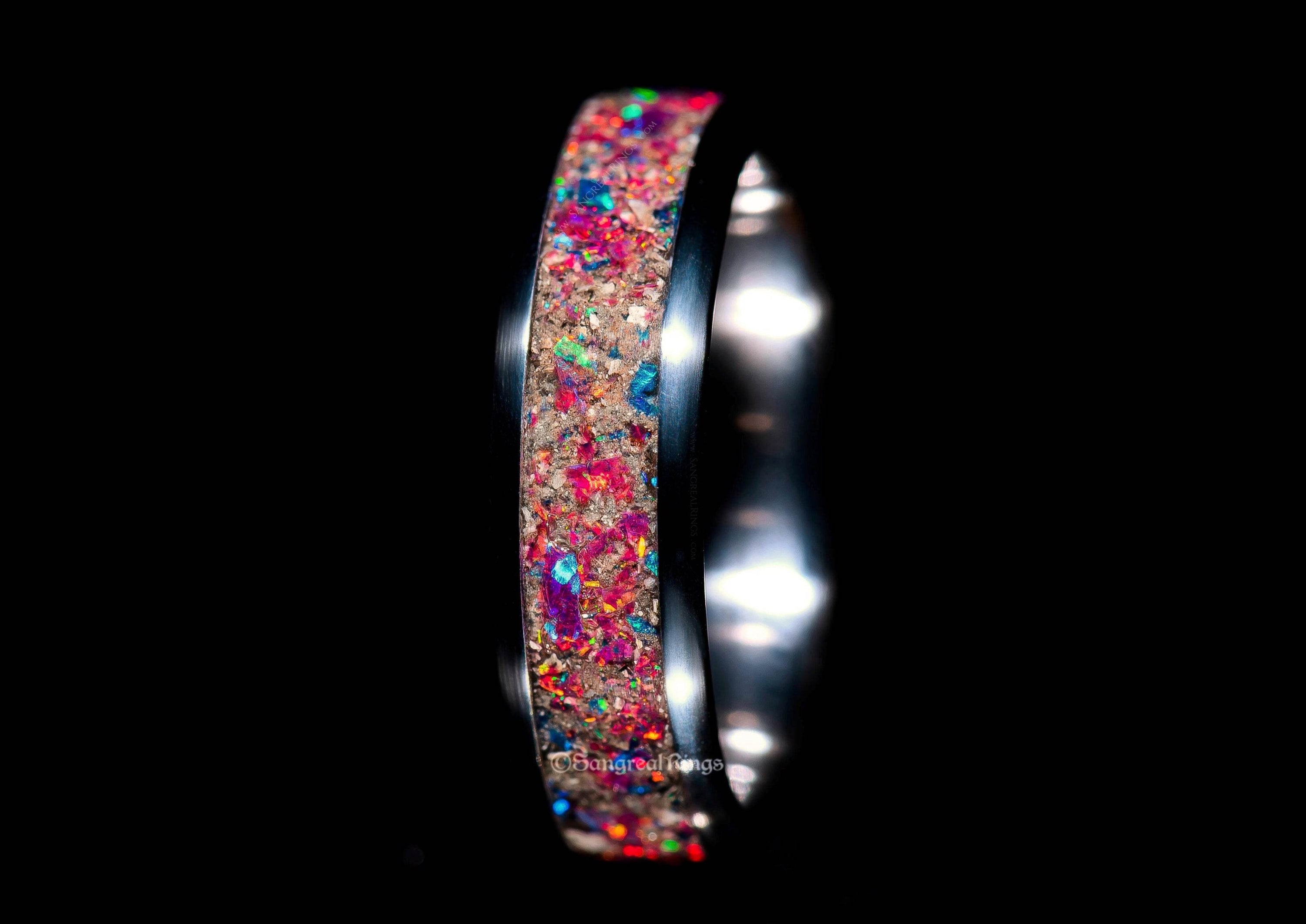Sangrealrings memorial ring with ashes multicolor opal and resin inlay on polished silver band