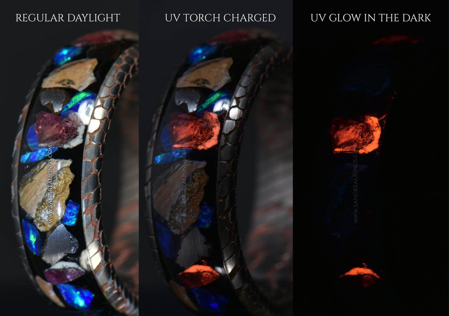 Sangrealrings superconductor ring men shown in regular daylight UV torch charged and glowing in dark