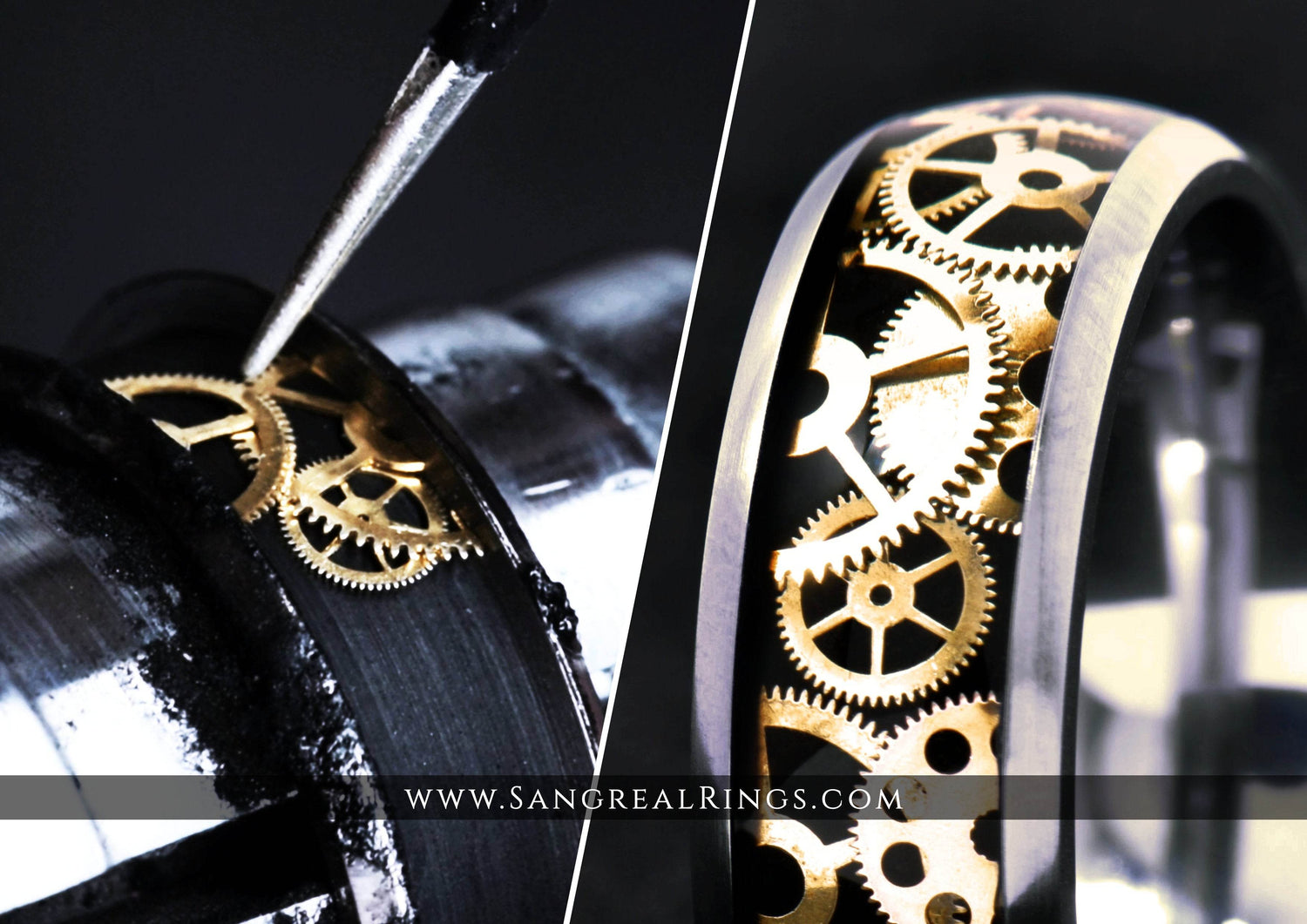 Sangrealrings titanium steampunk ring with visible gold gear inlay and polished brushed edges