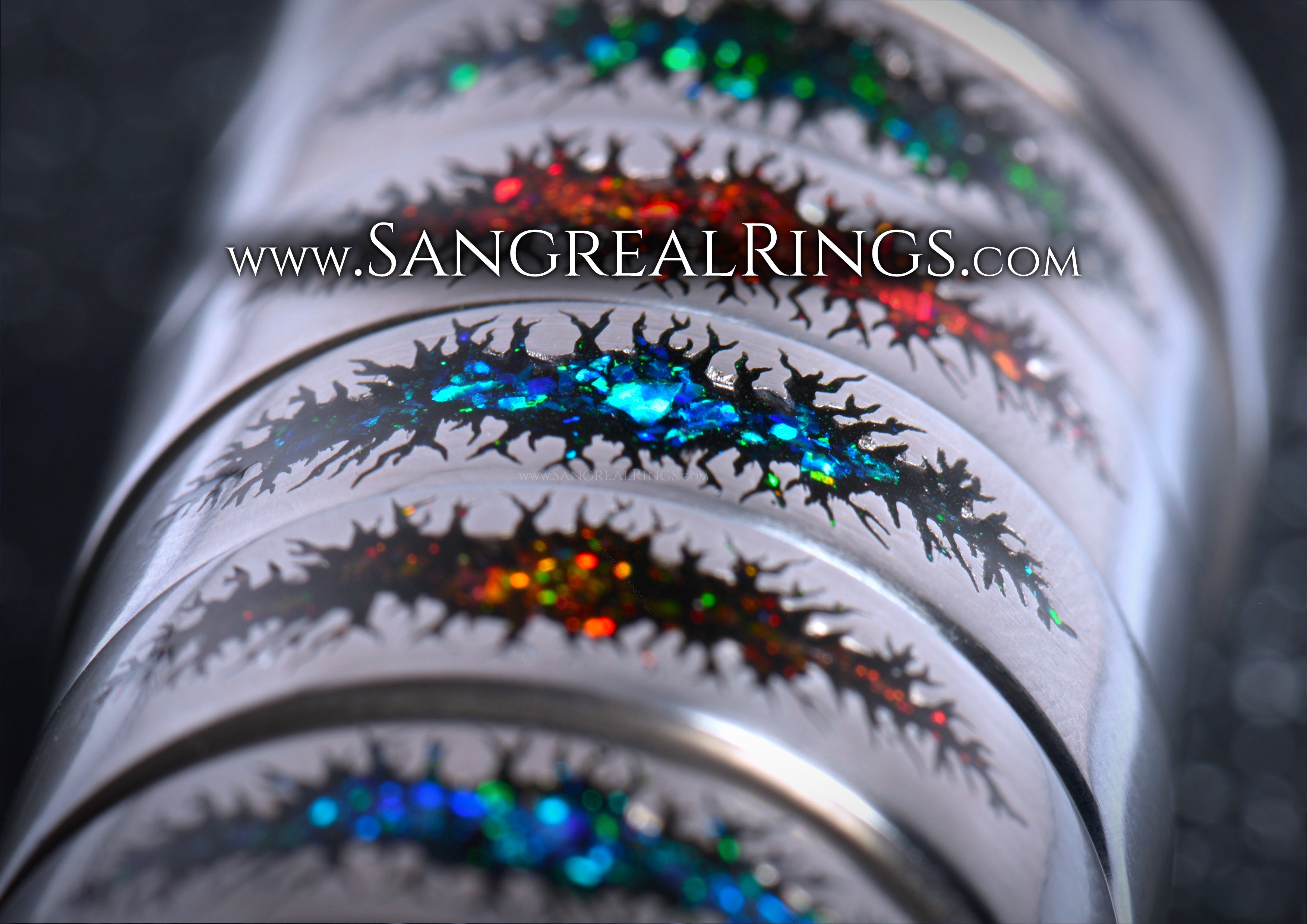 Unique alternative mens galaxy ring band with vibrant iridescent colors COSMIC SCAR design from Sangreal Rings