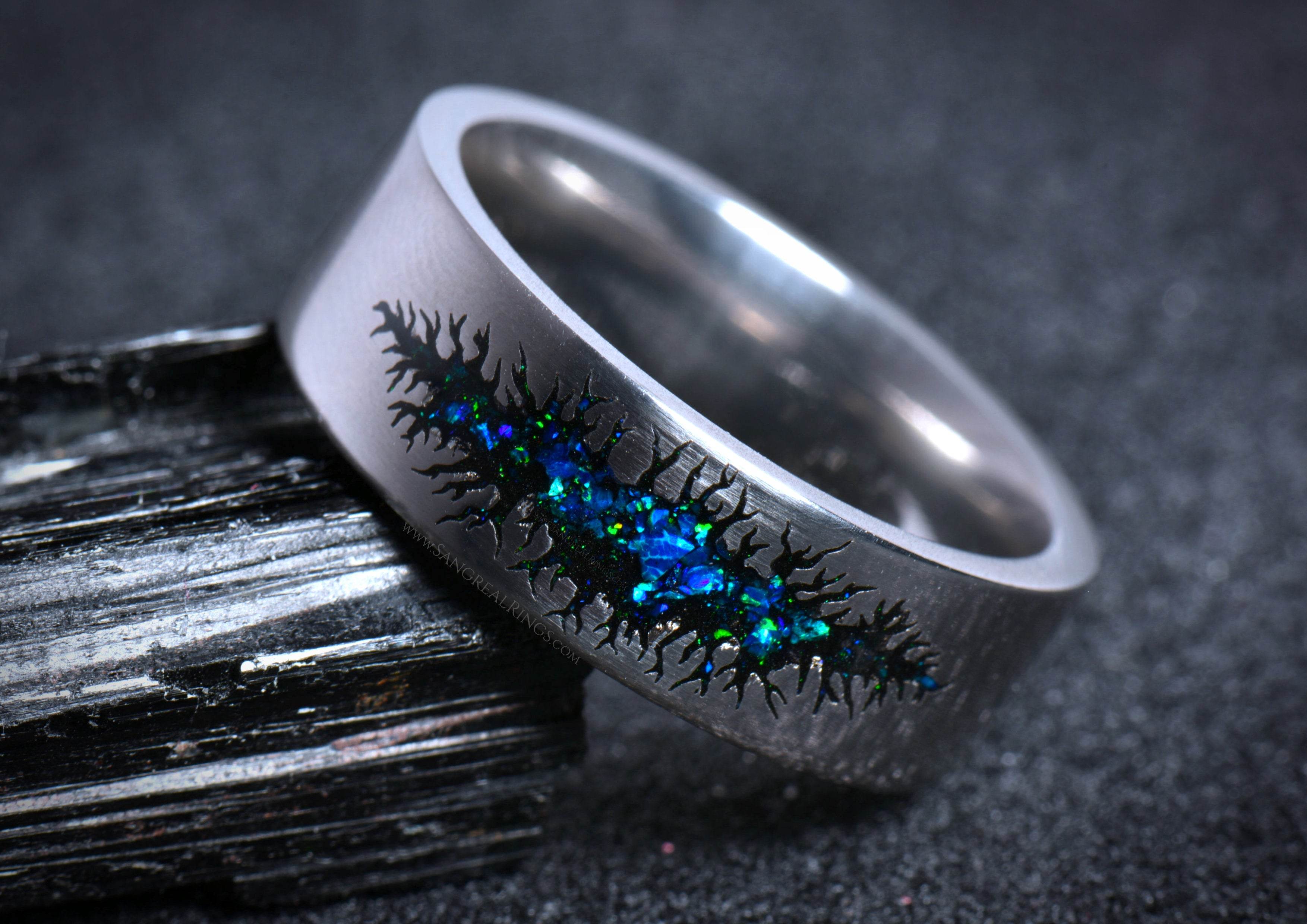 unique alternative men's galaxy ring band Blue Opal Sangreal Rings