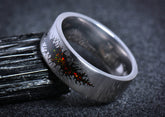 Sangreal Rings unique alternative mens galaxy ring band brushed metal with fiery opal inlay and black fractal design