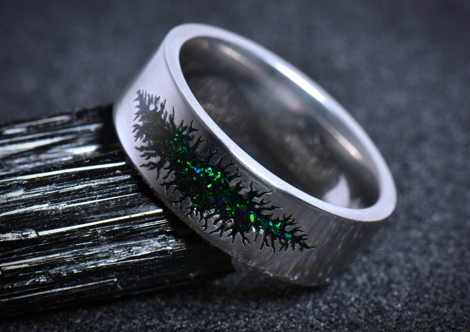 Sangreal Rings unique alternative mens galaxy ring band silver titanium with green opal inlay and black dendritic design