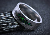 Sangreal Rings unique alternative mens galaxy ring band silver titanium with green opal inlay and black dendritic design