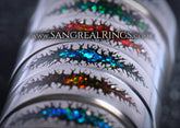Sangreal Rings silver bands with colorful opal inlays and black jagged pattern unique alternative mens galaxy ring band