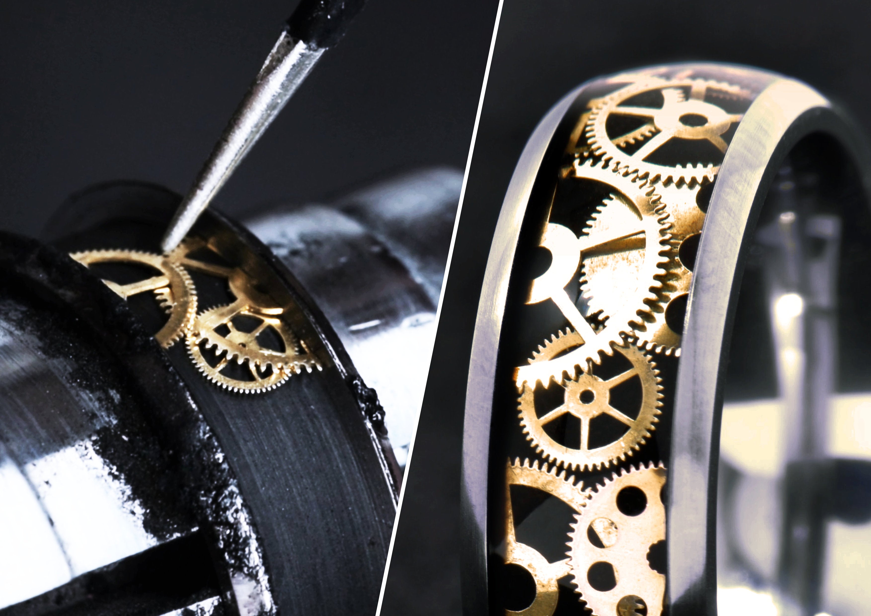 up-close image of a ring being made with small watch parts