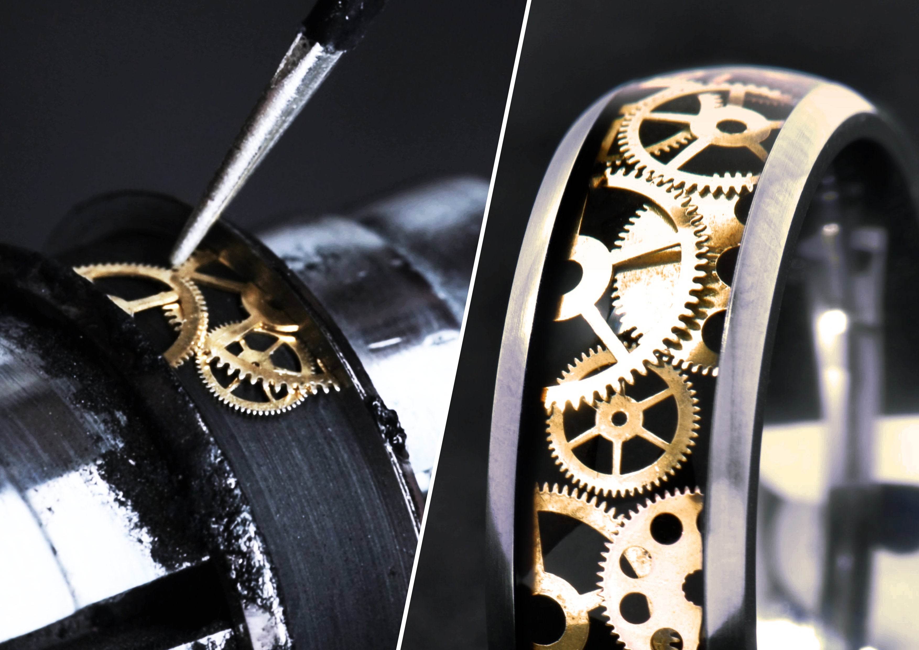 up-close image of a ring being made with small watch parts
