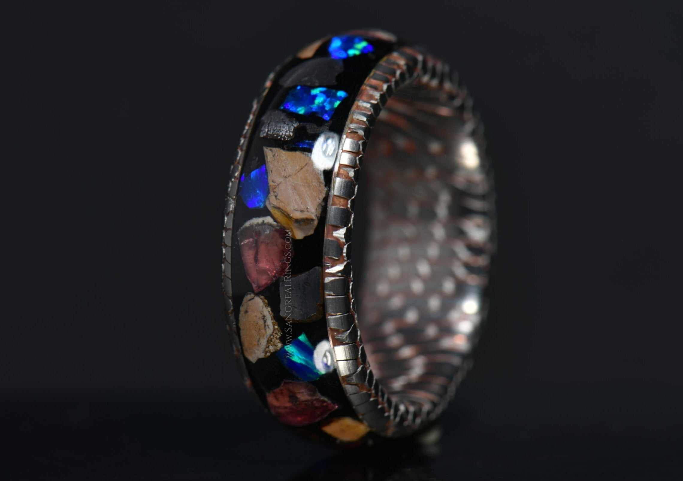 Sangrealrings superconductor ring men with colorful stone inlays and textured silver band