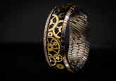 Sangrealrings superconductor steampunk ring featuring intricate gold gears and metallic band design