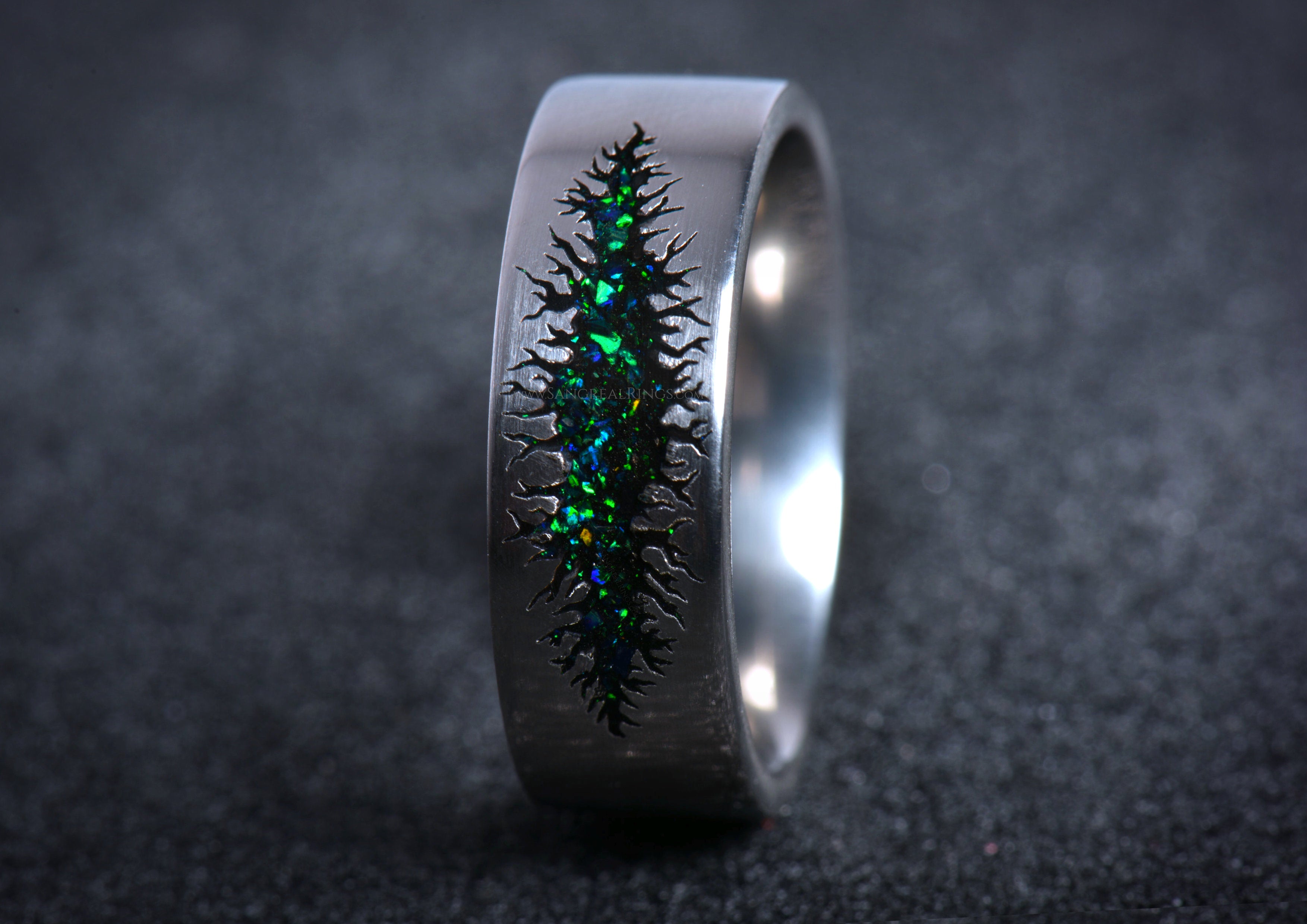Sangreal Rings unique alternative mens galaxy ring band with green and blue galaxy COSMIC SCAR design in Titanium